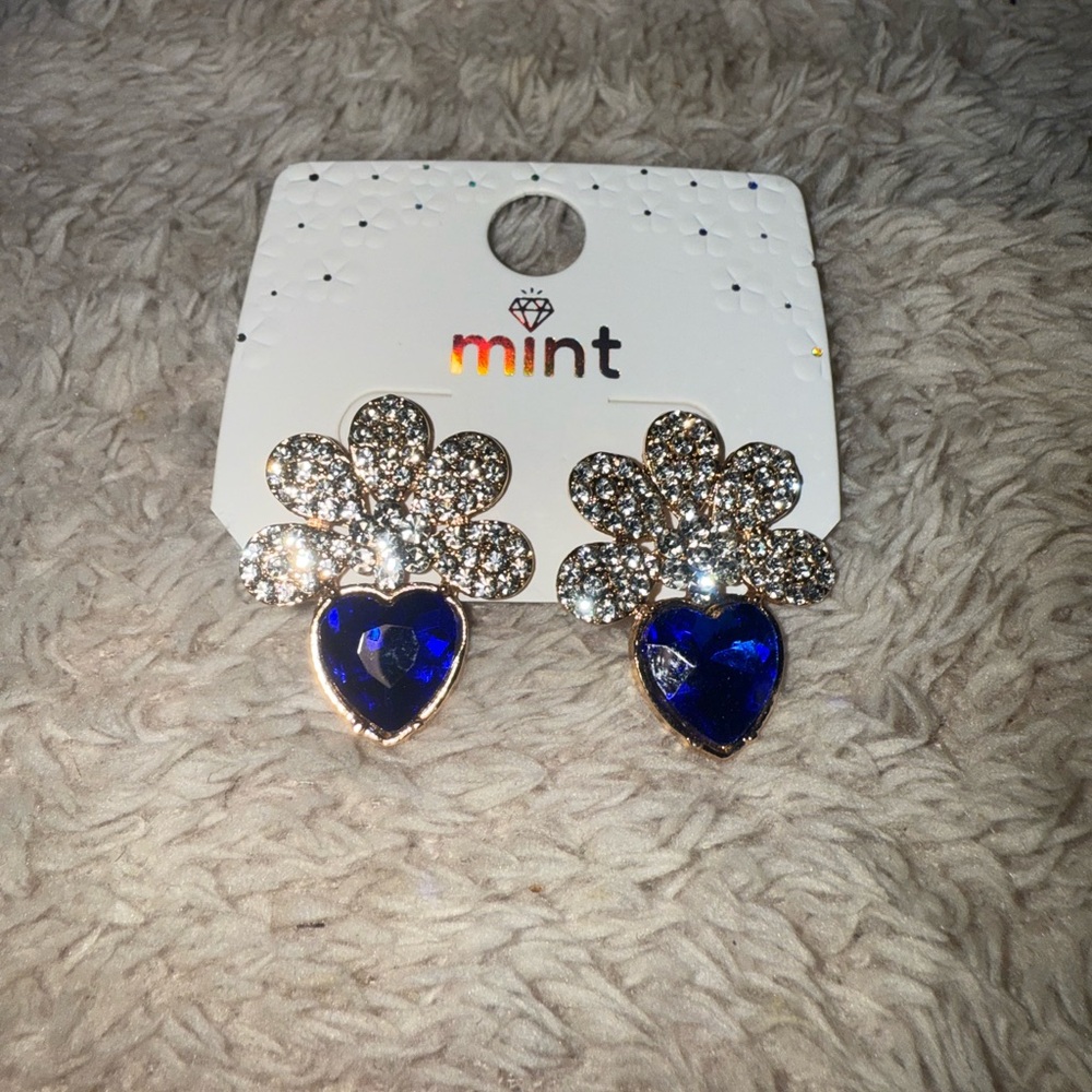 Mint Sapphire Blue Heart Earrings with Sparkle